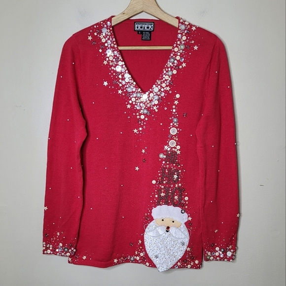 Berek Christmas Top Size SRed Beaded Sequined Santa Claus Holiday Knit Festive - Picture 2 of 8